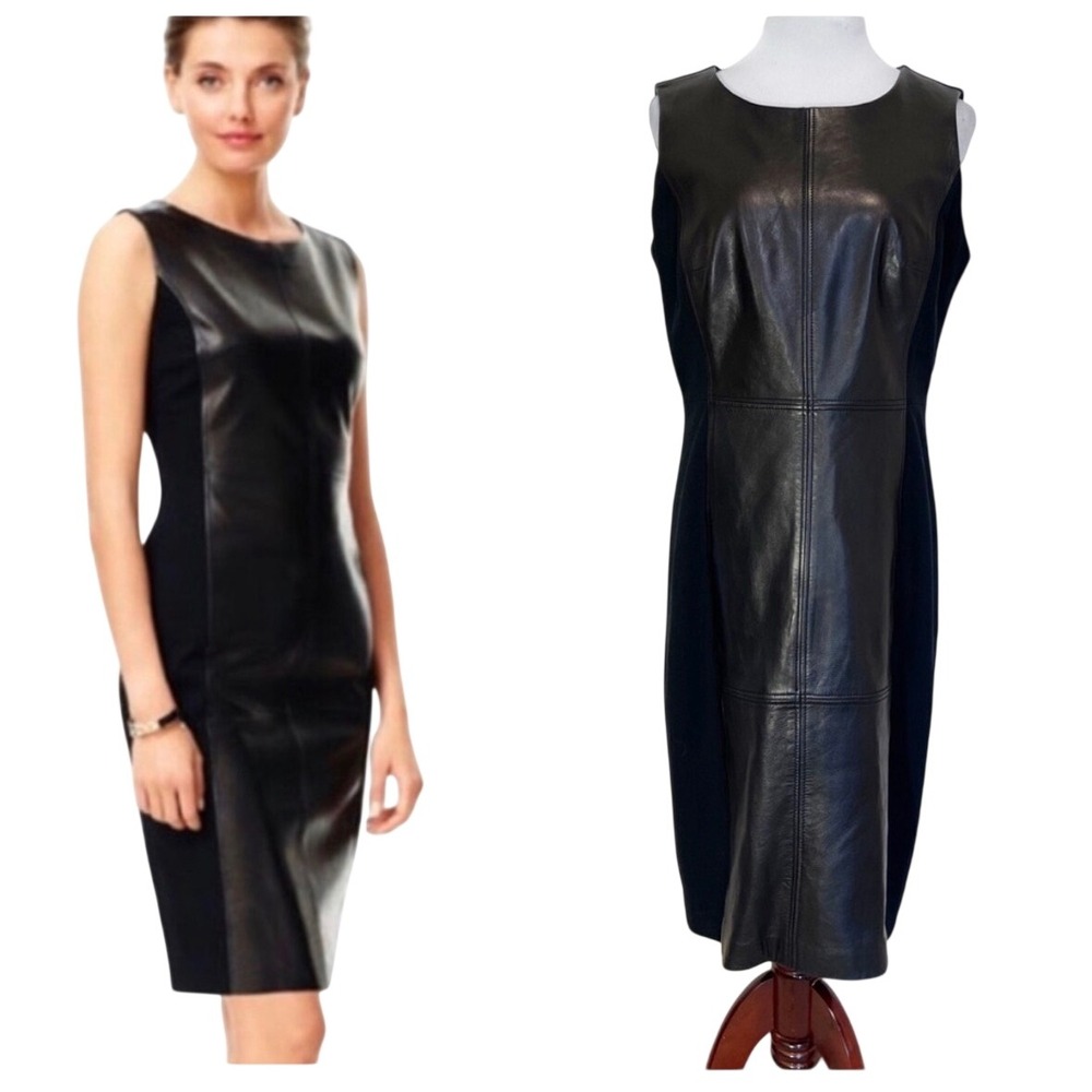 Talbots Womens Black Lamb Skin Leather Front Mixed Media Sheath Dress 10 LBD